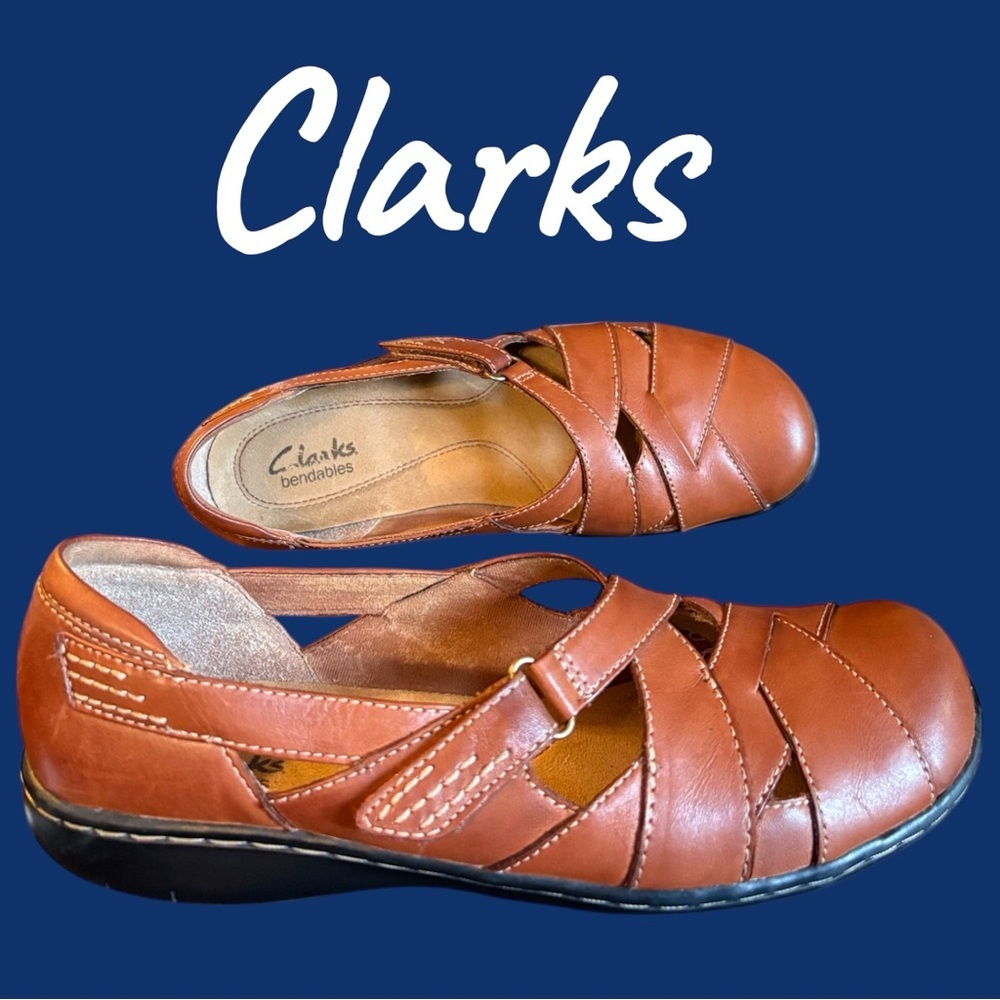 Clarks Bendables Tan Leather Flats criss-cross Mary Jane flats. Size 8.5. EUC!